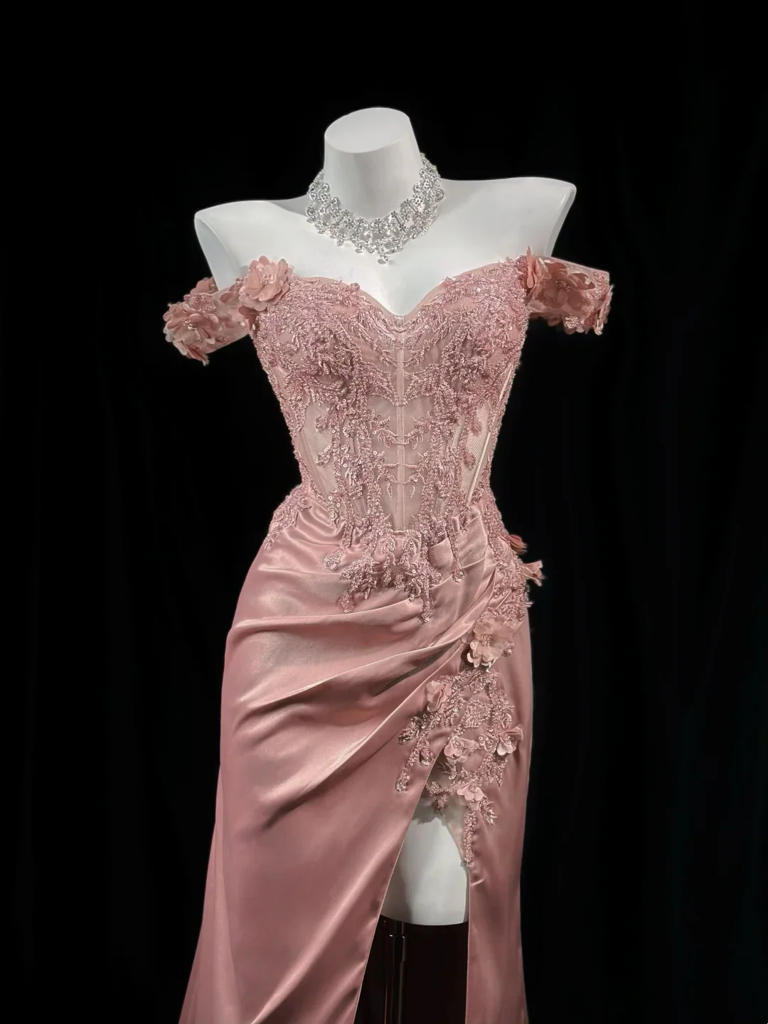 Blush Pink Off-the-Shoulder Mermaid Prom Dress With Lace Corset And High Slit Satin Formal Prom Dress