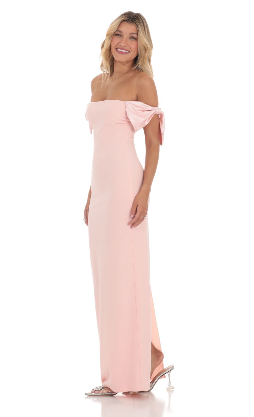 Blush Pink Off-the-Shoulder Prom Dress With Bow Detail Formal Prom Dress
