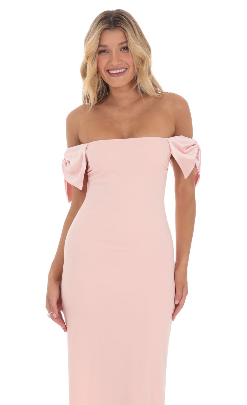 Blush Pink Off-the-Shoulder Prom Dress With Bow Detail Formal Prom Dress