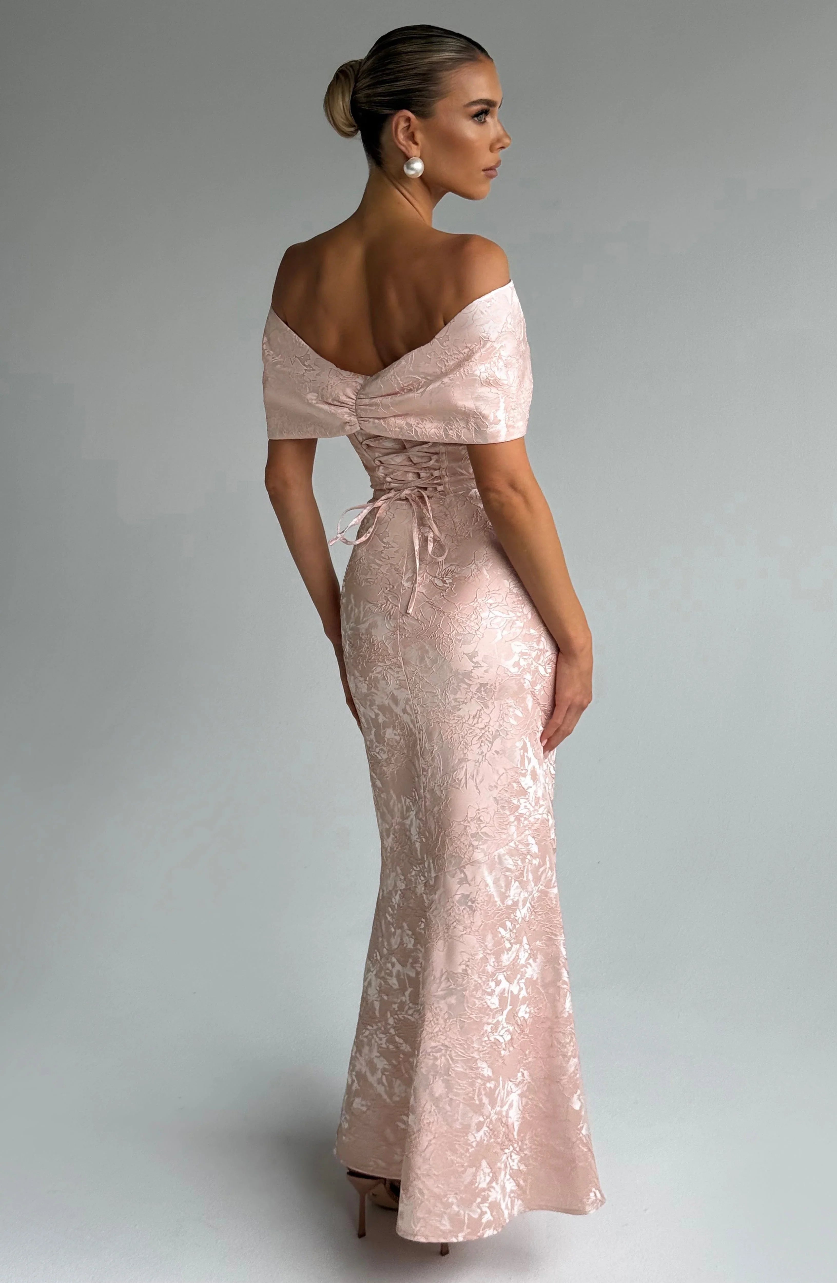 Blush Pink Off Shoulder Floral Jacquard Corset Back Mermaid Floor Length Prom Dress