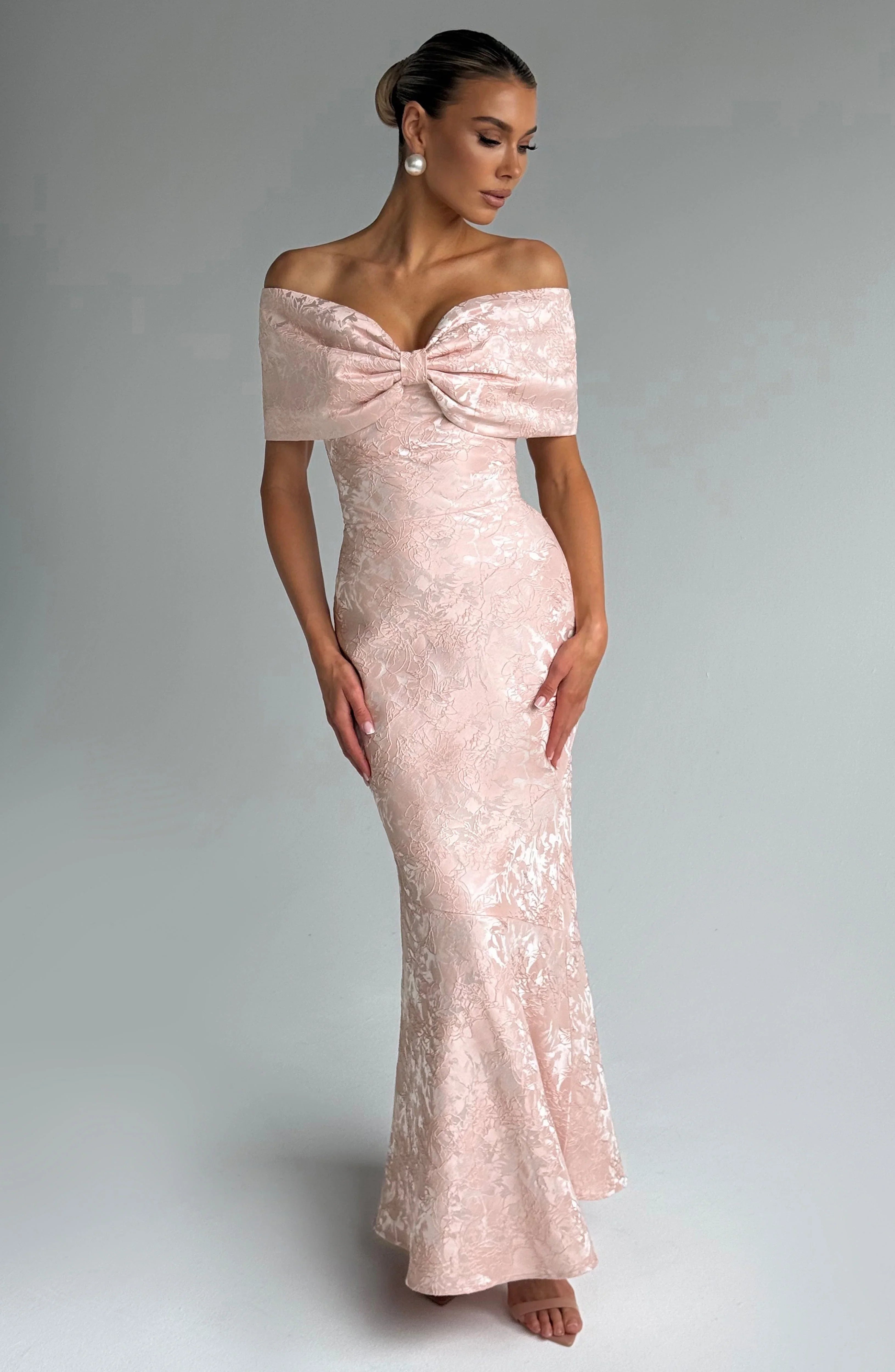 Blush Pink Off Shoulder Floral Jacquard Corset Back Mermaid Floor Length Prom Dress
