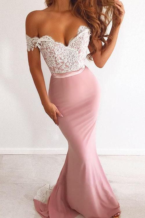 Blush Pink Off Shoulder Lace Mermaid Prom Dress for Formal Events and Prom Nights
