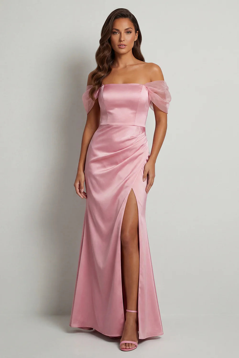 Blush Pink Off Shoulder Prom Dress With Organza Tulle Sleeves And High Slit Satin Mermaid Skirt Formal Prom Dress