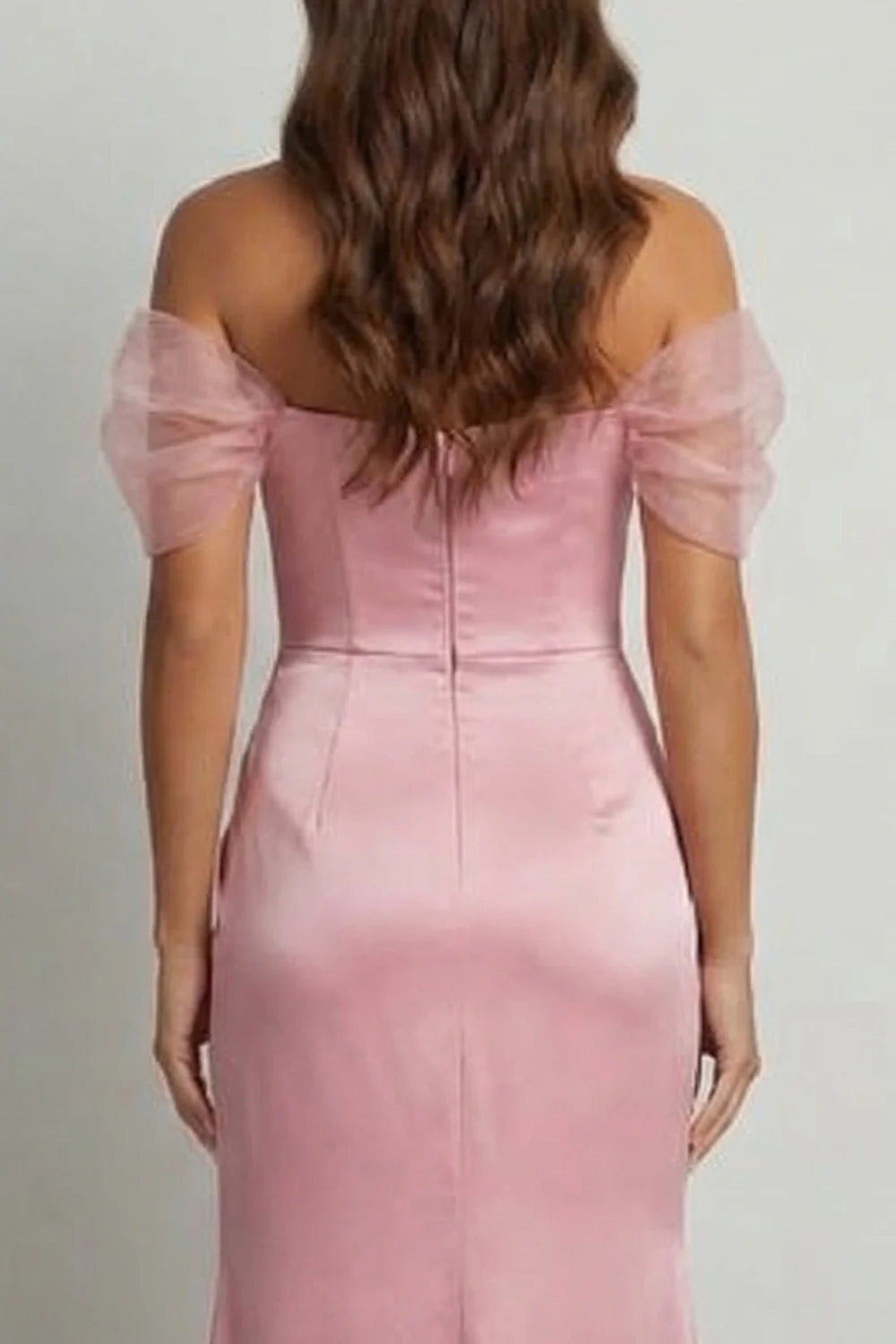 Blush Pink Off Shoulder Prom Dress With Organza Tulle Sleeves And High Slit Satin Mermaid Skirt Formal Prom Dress