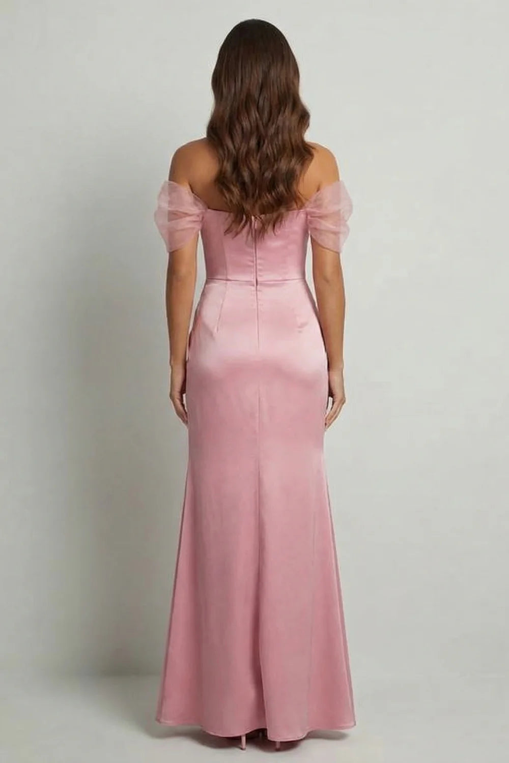 Blush Pink Off Shoulder Prom Dress With Organza Tulle Sleeves And High Slit Satin Mermaid Skirt Formal Prom Dress