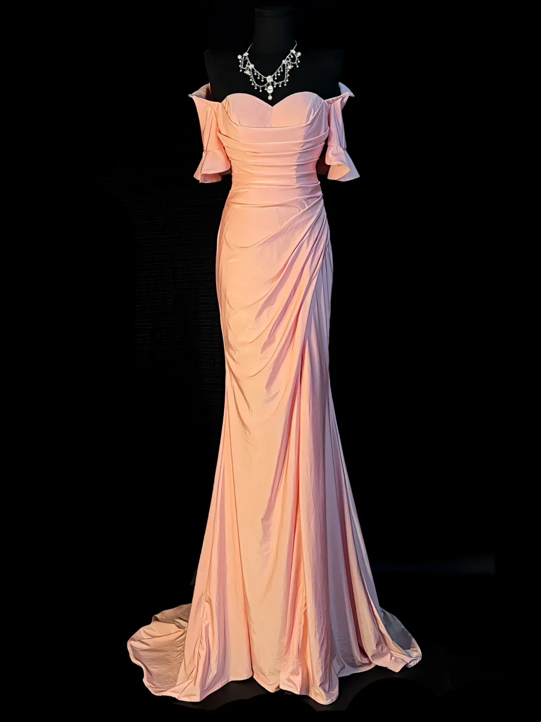 Blush Pink Off Shoulder Prom Dress With Ruffled Sleeves And Ruched Mermaid Skirt Formal Prom Dress