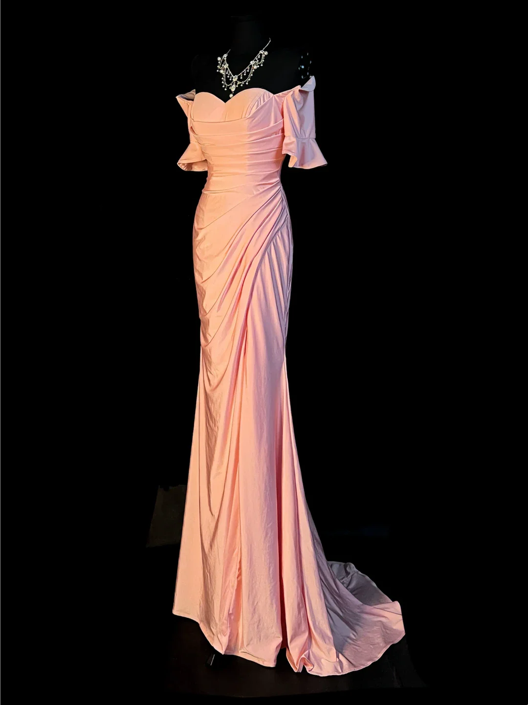 Blush Pink Off Shoulder Prom Dress With Ruffled Sleeves And Ruched Mermaid Skirt Formal Prom Dress