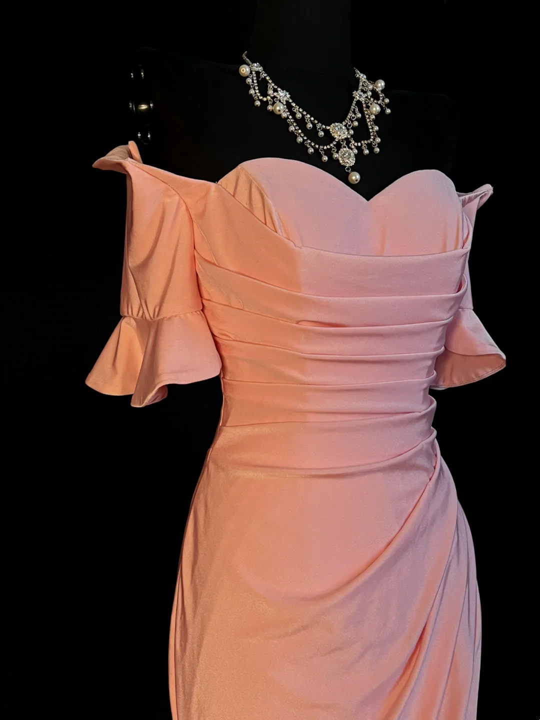 Blush Pink Off Shoulder Prom Dress With Ruffled Sleeves And Ruched Mermaid Skirt Formal Prom Dress
