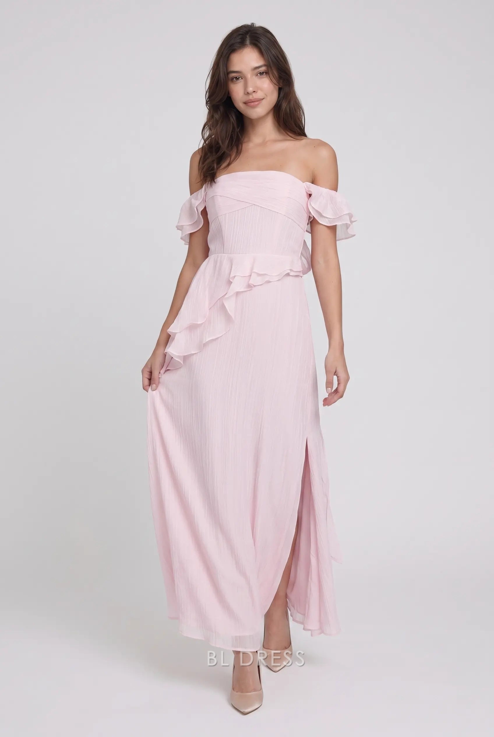 Blush Pink Off Shoulder Ruffle Sleeve Chiffon Formal Evening Prom Dress With Waist Ruffle And Back Bow