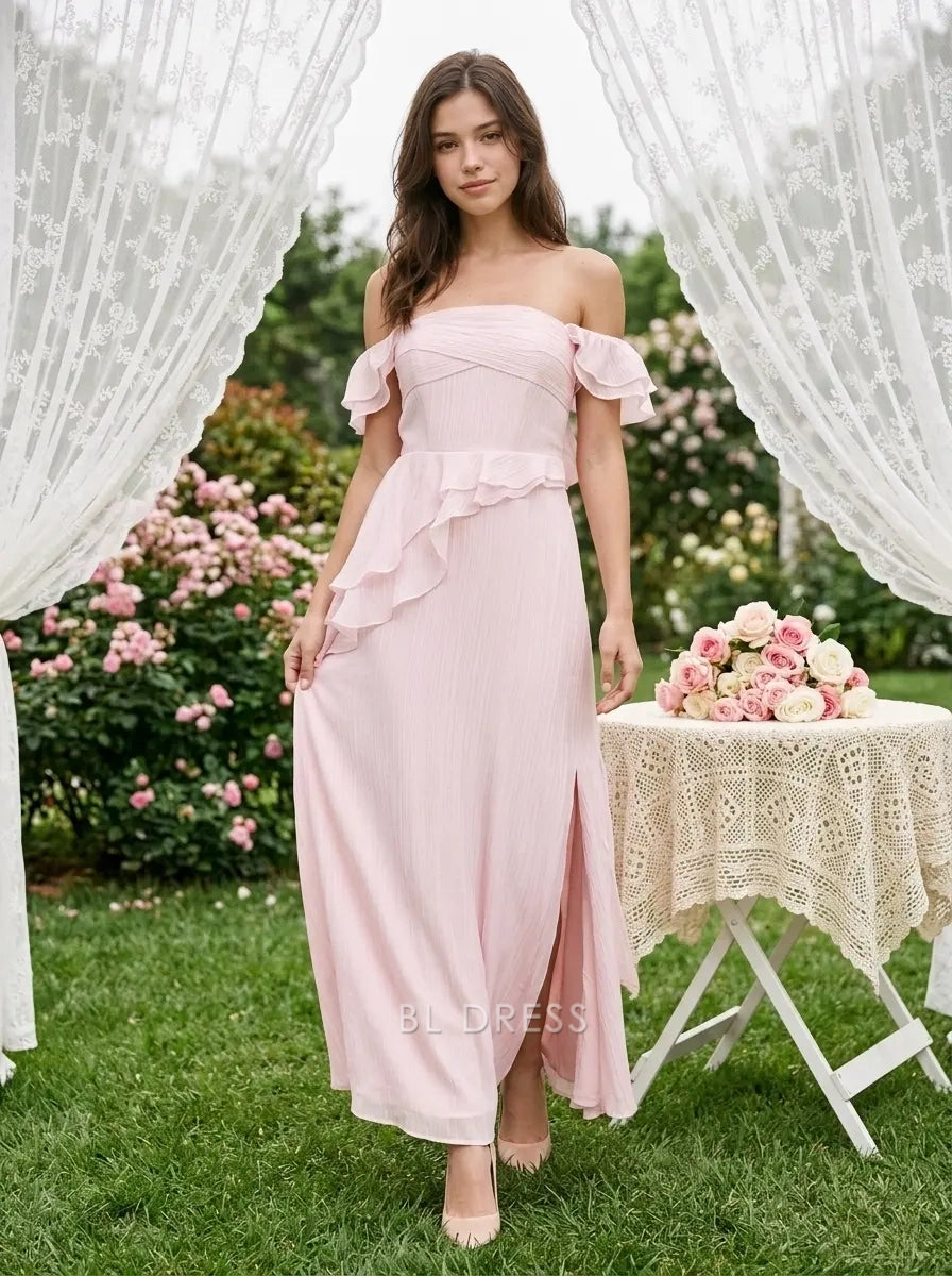 Blush Pink Off Shoulder Ruffle Sleeve Chiffon Formal Evening Prom Dress With Waist Ruffle And Back Bow