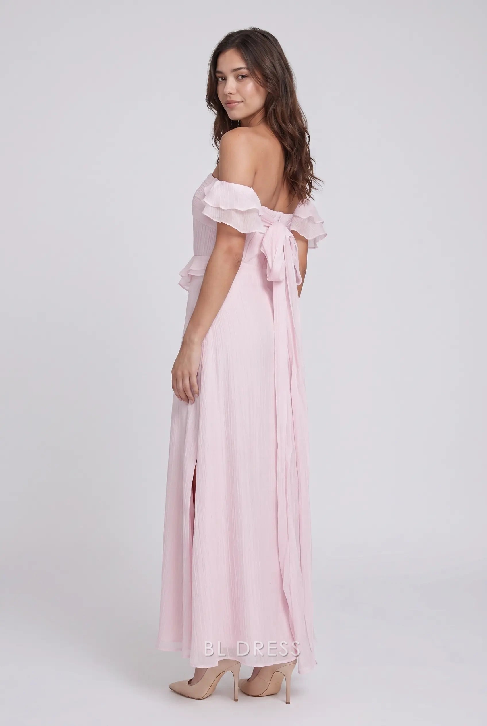 Blush Pink Off Shoulder Ruffle Sleeve Chiffon Formal Evening Prom Dress With Waist Ruffle And Back Bow