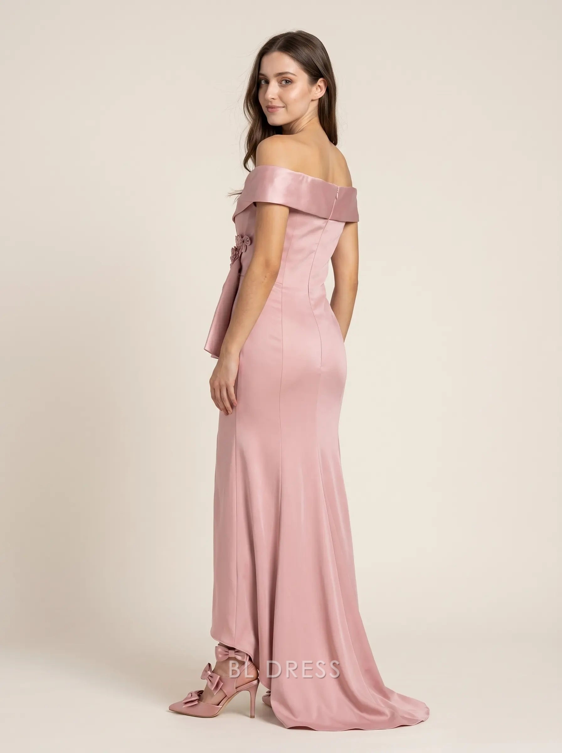 Blush Pink Off The Shoulder Floral Appliqué Bow Accent Asymmetrical Hem Satin Floor Length Formal Evening Prom Dress