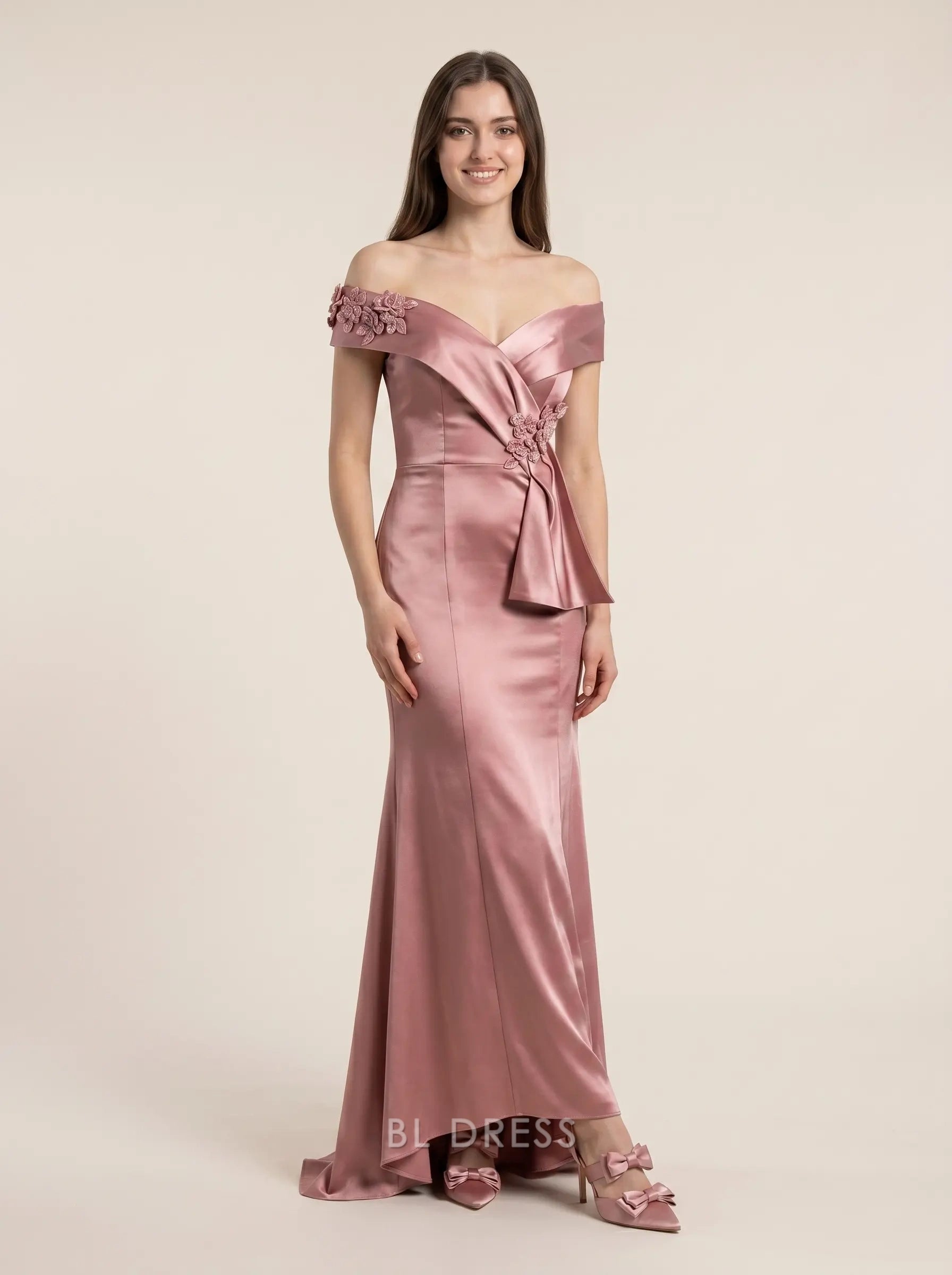 Blush Pink Off The Shoulder Floral Appliqué Bow Accent Asymmetrical Hem Satin Floor Length Formal Evening Prom Dress