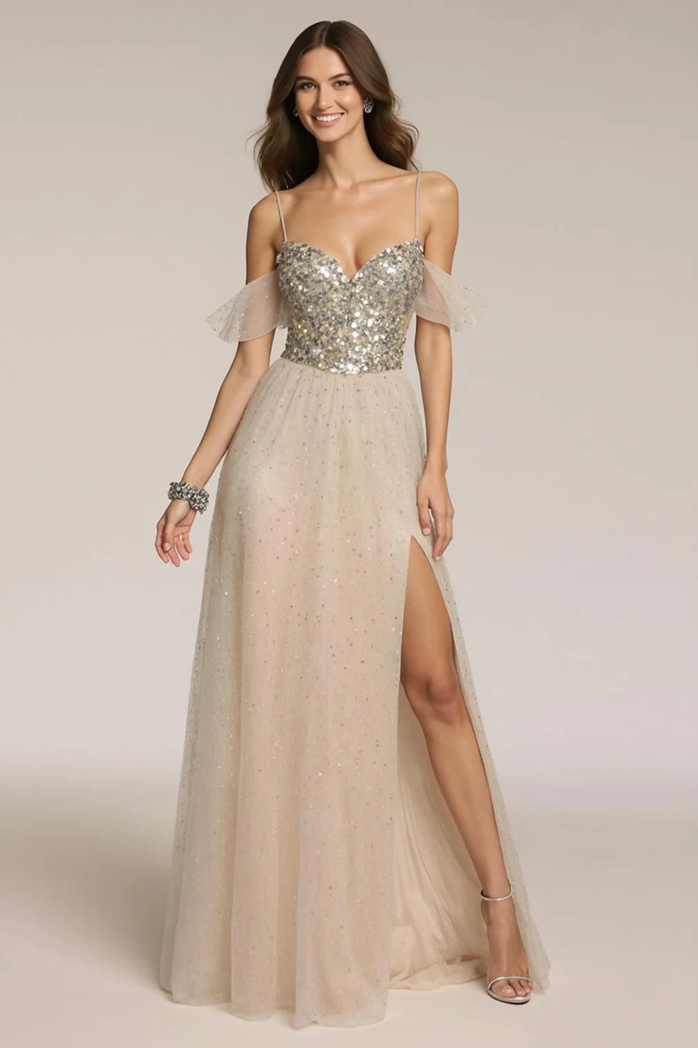 Blush Pink Off The Shoulder Prom Dress With Sequin Bodice And High Low Tulle Skirt For Formal Evening Party