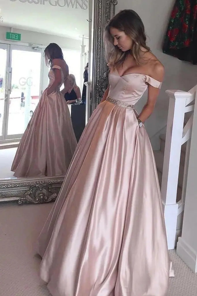 Blush Pink Off The Shoulder Satin Ball Gown Prom Dress with Beaded Waist and Pockets for Formal Events and Prom Nights