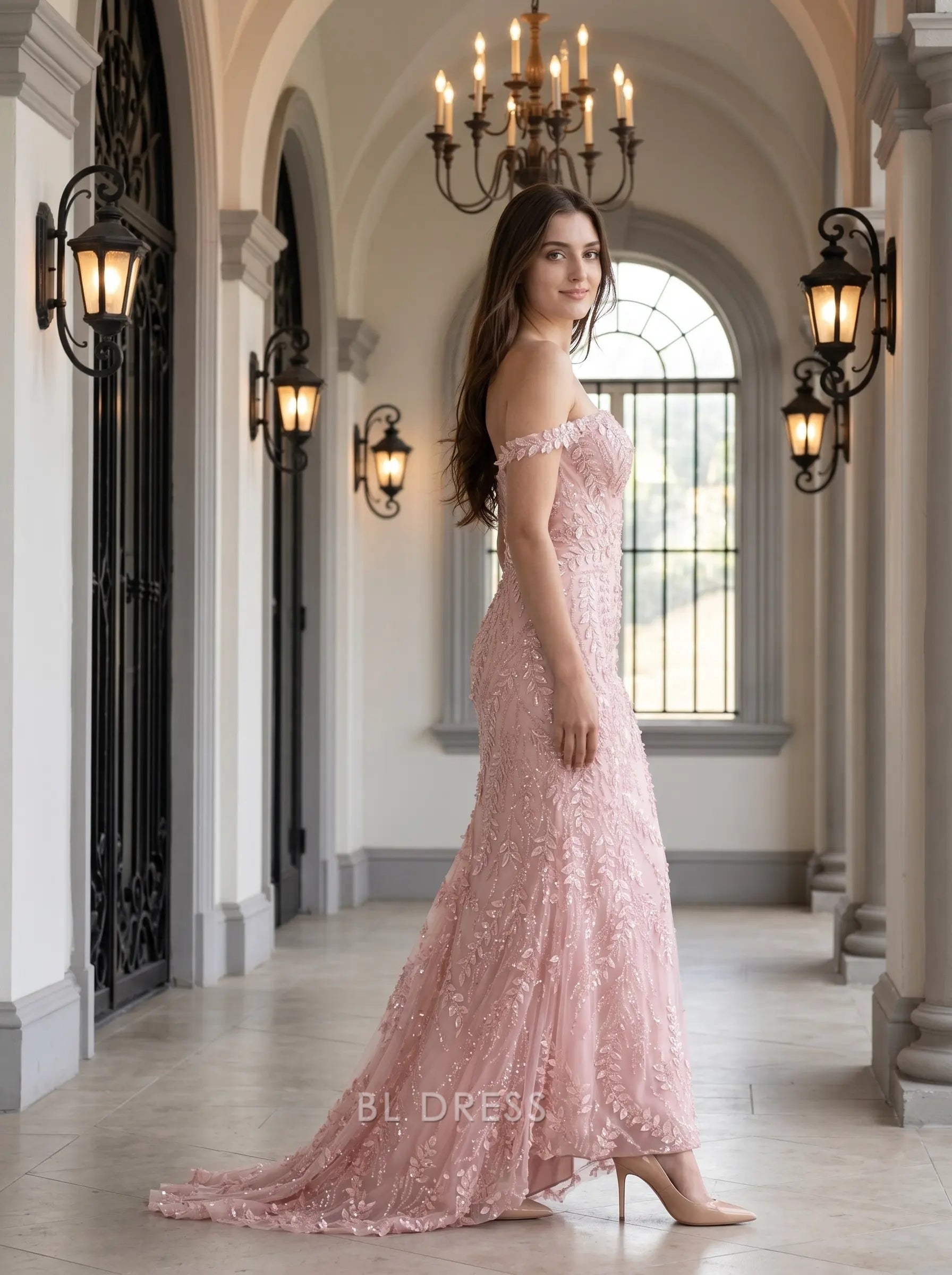 Blush Pink Off The Shoulder Sweetheart Neck Leaf Pattern Beaded Sequin Mesh Mermaid Floor Length Formal Evening Prom Dress