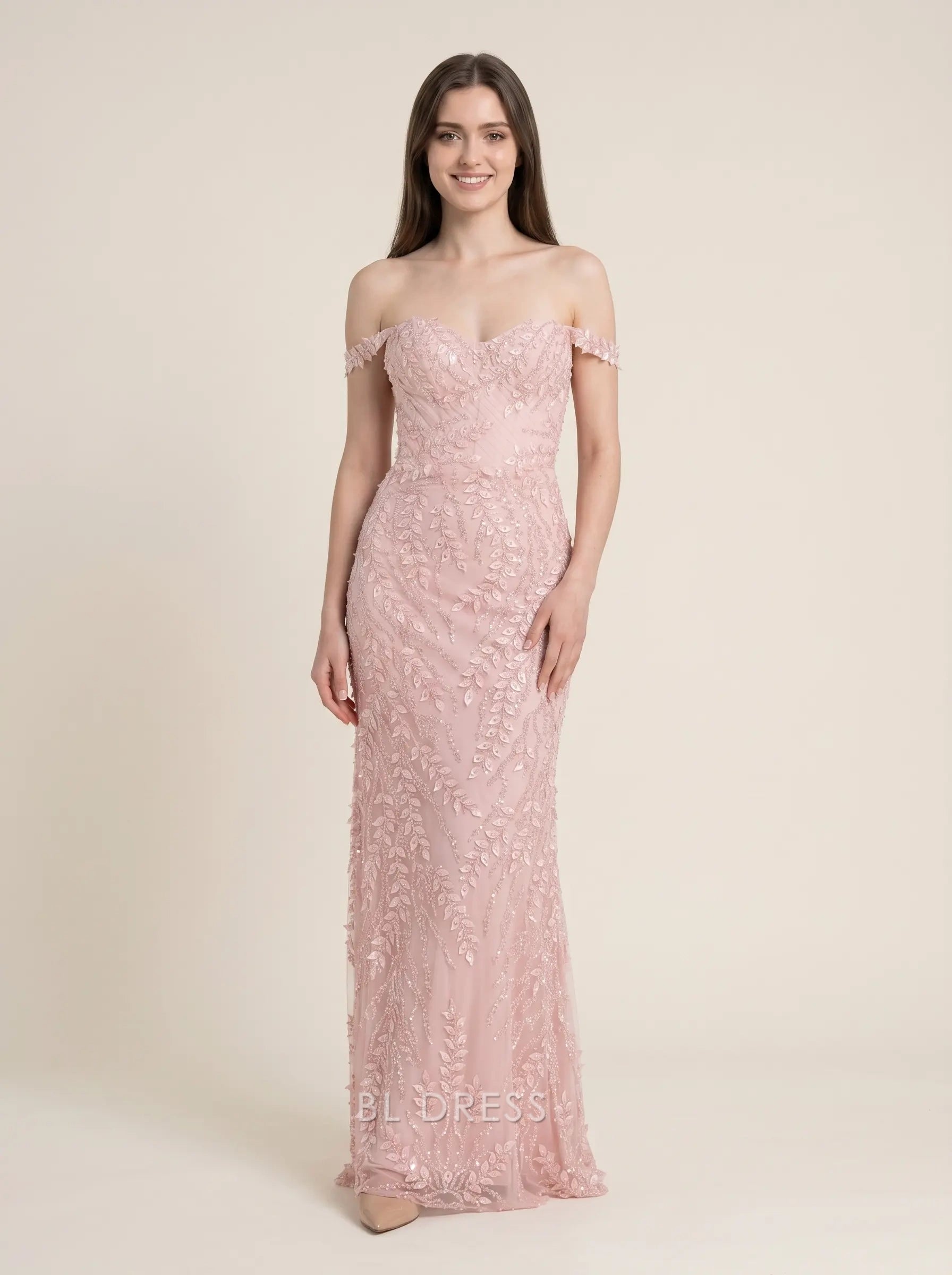 Blush Pink Off The Shoulder Sweetheart Neck Leaf Pattern Beaded Sequin Mesh Mermaid Floor Length Formal Evening Prom Dress