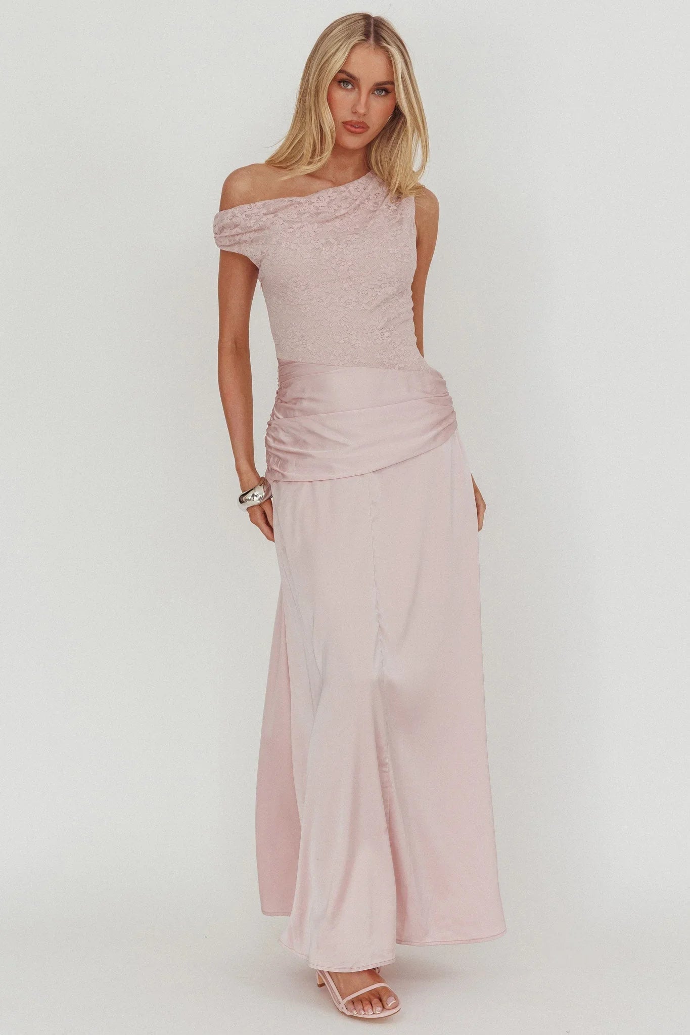 Blush Pink One-Shoulder Lace Bodice Ruched Waist Satin Maxi Formal Evening Prom Dress