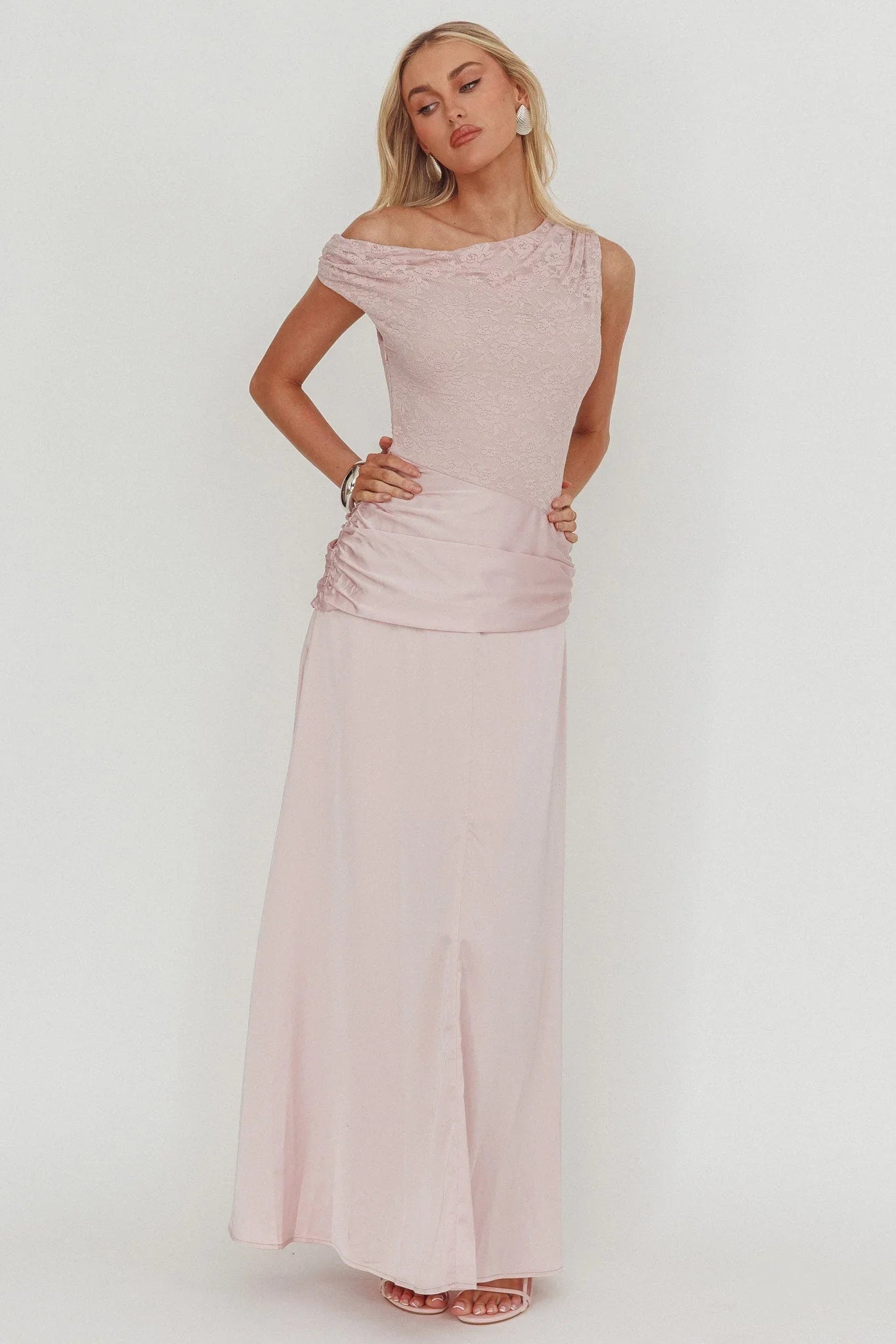 Blush Pink One-Shoulder Lace Bodice Ruched Waist Satin Maxi Formal Evening Prom Dress