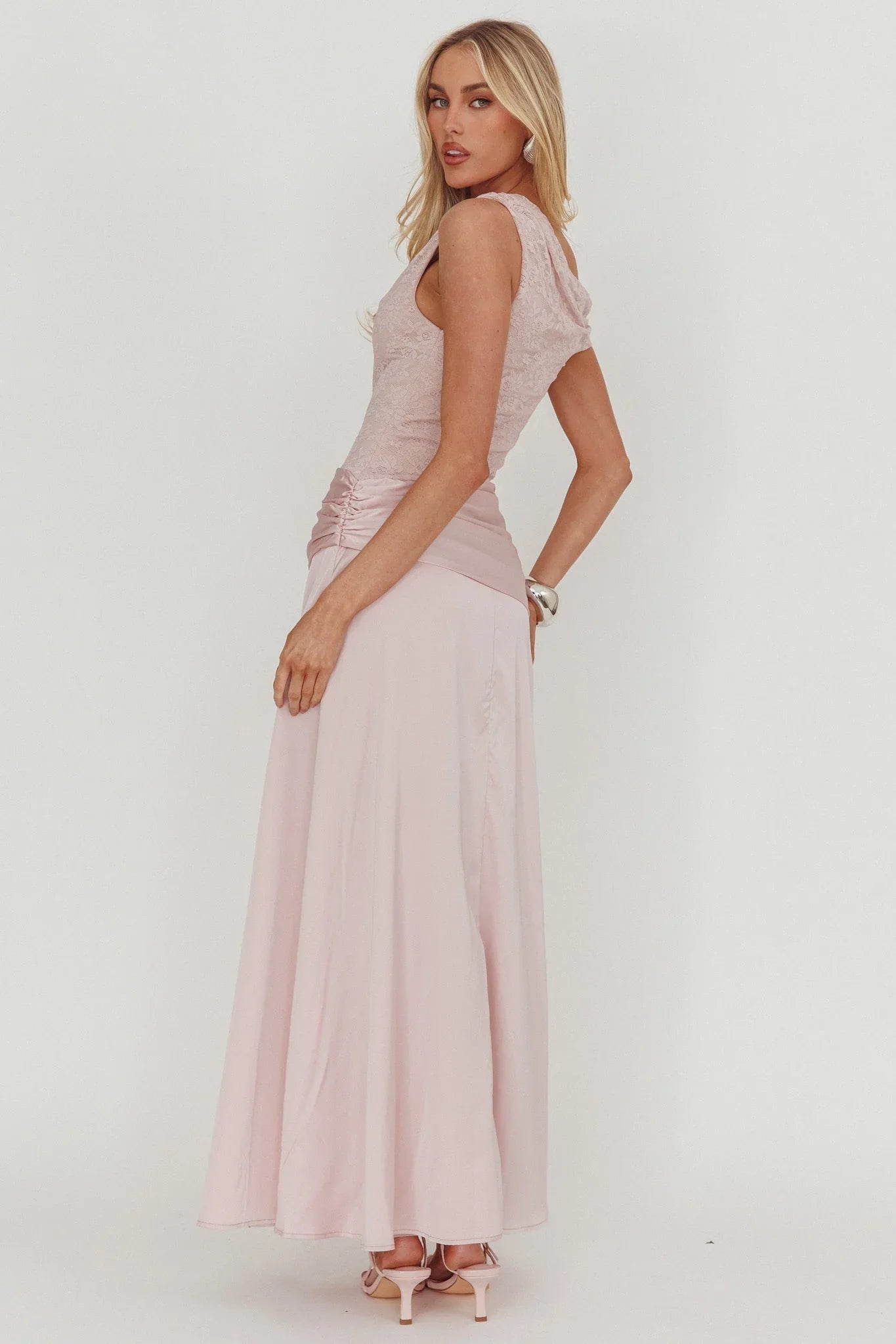 Blush Pink One-Shoulder Lace Bodice Ruched Waist Satin Maxi Formal Evening Prom Dress