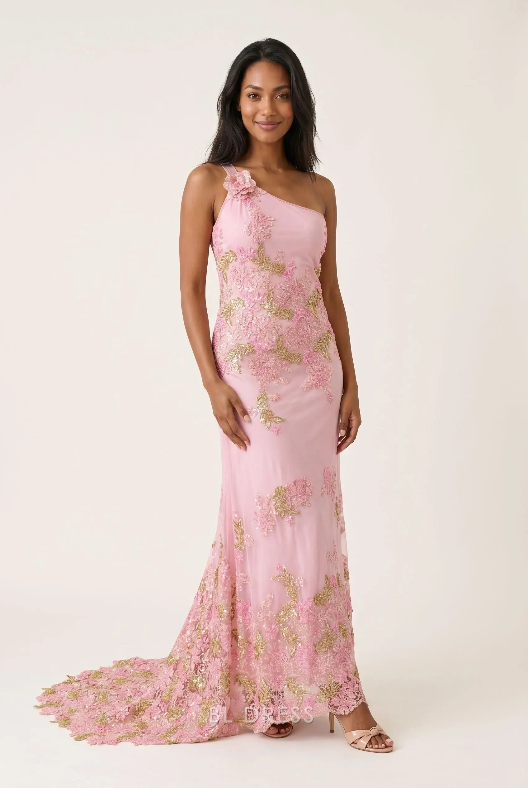 Blush Pink One Shoulder 3D Floral Applique Sequin Embellished Mermaid Train Prom Dress