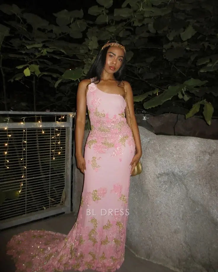 Blush Pink One Shoulder 3D Floral Applique Sequin Embellished Mermaid Train Prom Dress