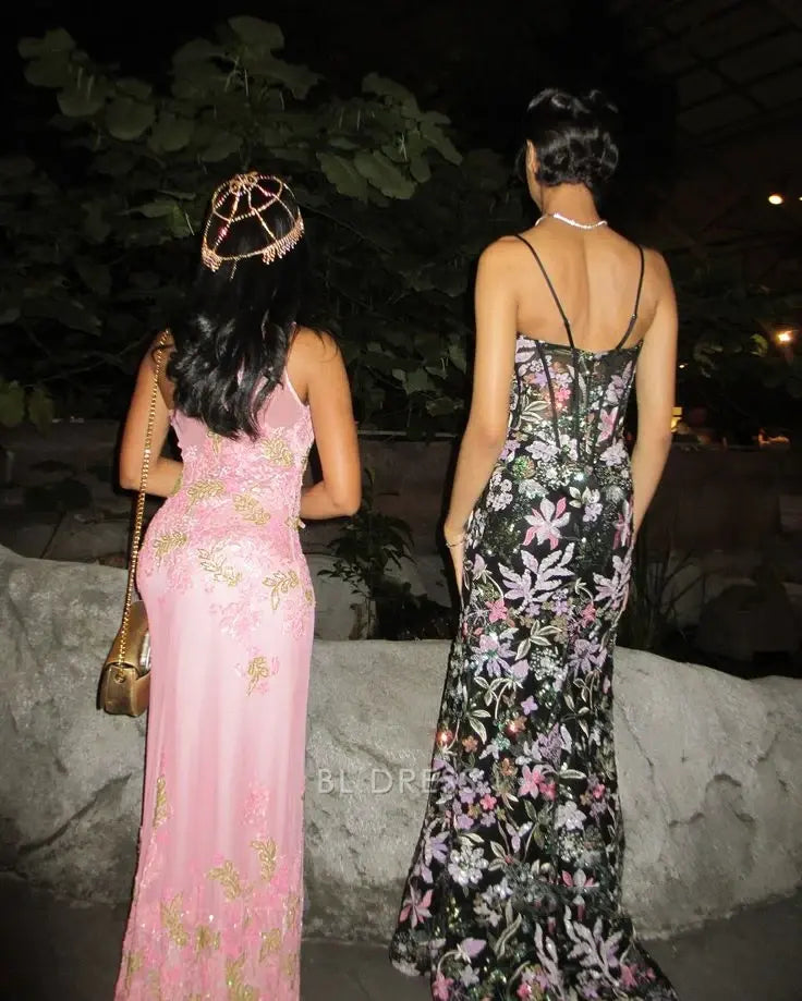 Blush Pink One Shoulder 3D Floral Applique Sequin Embellished Mermaid Train Prom Dress