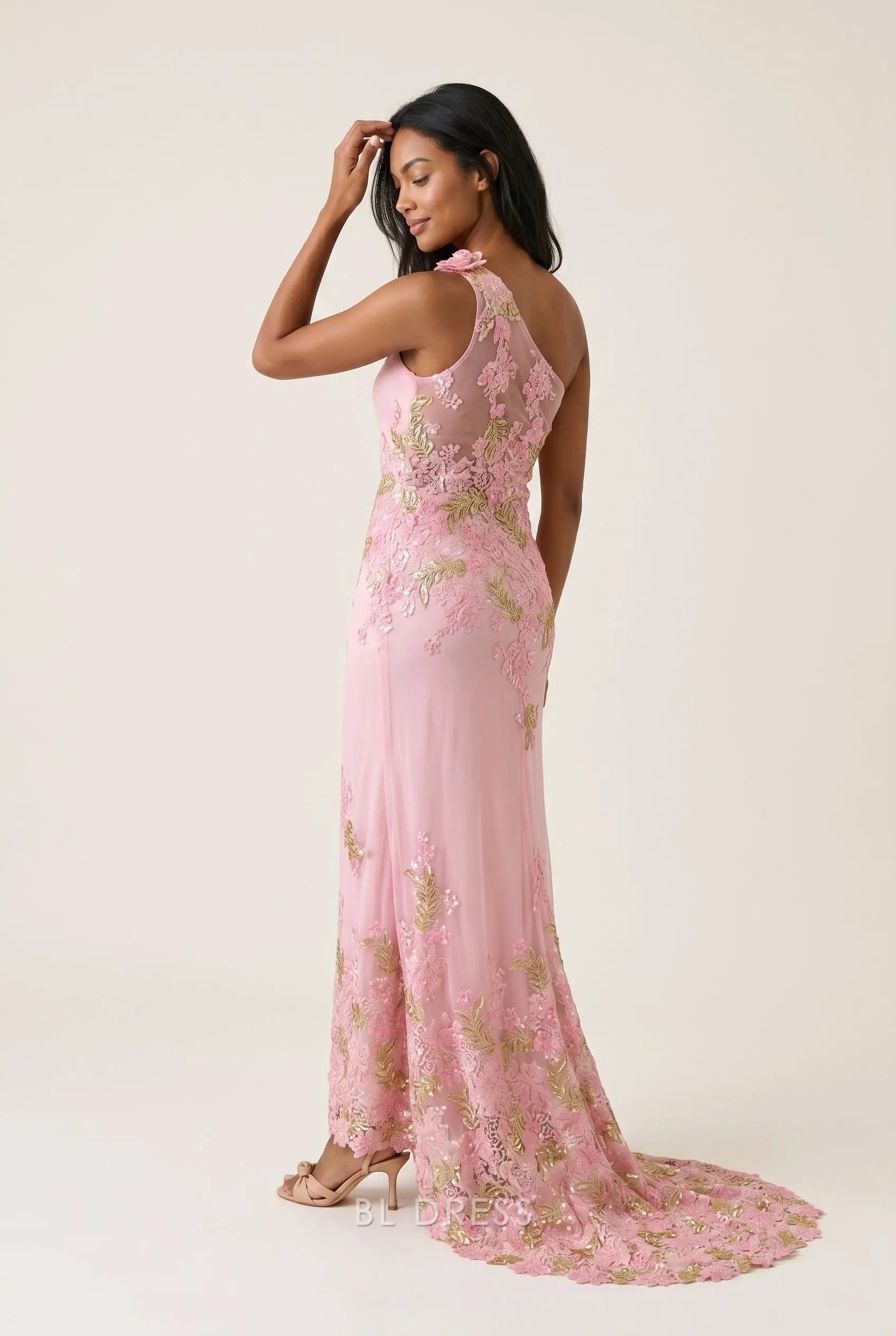 Blush Pink One Shoulder 3D Floral Applique Sequin Embellished Mermaid Train Prom Dress