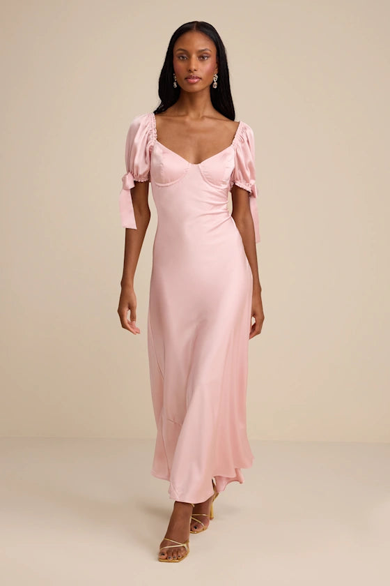 Blush Pink Puff Sleeve Prom Dress With Sweetheart Neckline Bow Detail And Satin Midi Formal Prom Dress