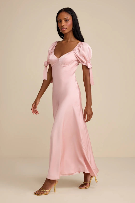 Blush Pink Puff Sleeve Prom Dress With Sweetheart Neckline Bow Detail And Satin Midi Formal Prom Dress