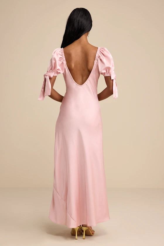 Blush Pink Puff Sleeve Prom Dress With Sweetheart Neckline Bow Detail And Satin Midi Formal Prom Dress