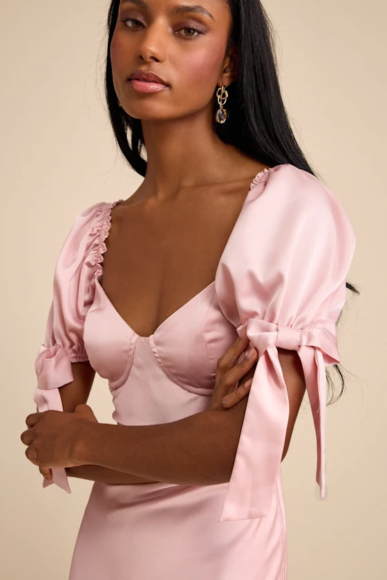 Blush Pink Puff Sleeve Prom Dress With Sweetheart Neckline Bow Detail And Satin Midi Formal Prom Dress