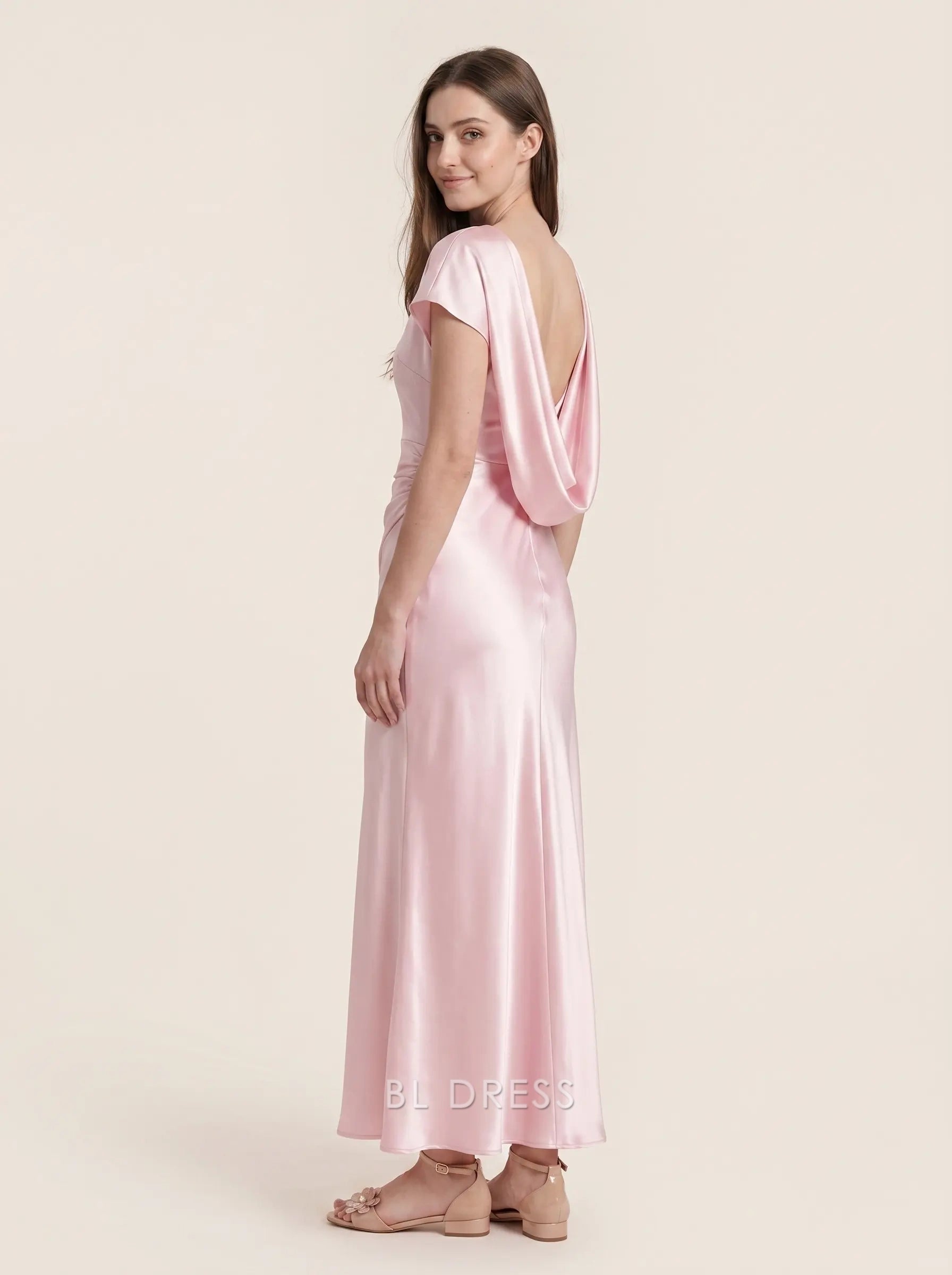 Blush Pink Round Neck Short Sleeve Cowl Back Ruched Waist Satin Mermaid Floor Length Formal Evening Prom Dress
