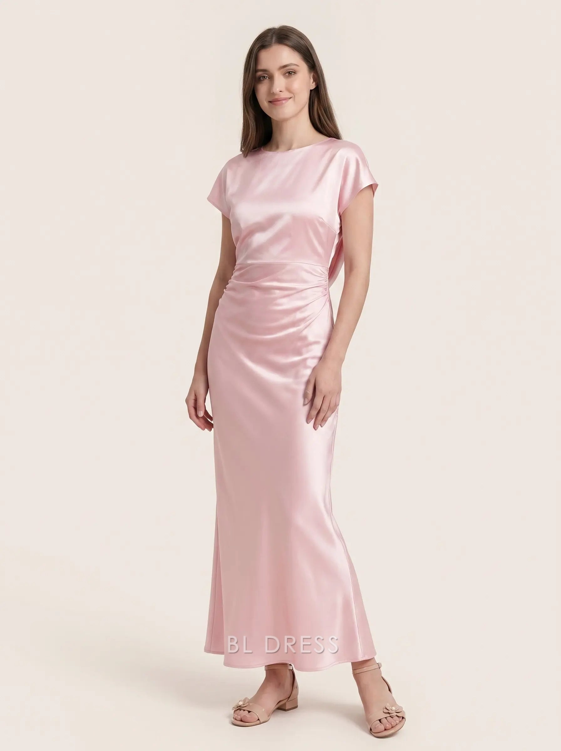 Blush Pink Round Neck Short Sleeve Cowl Back Ruched Waist Satin Mermaid Floor Length Formal Evening Prom Dress