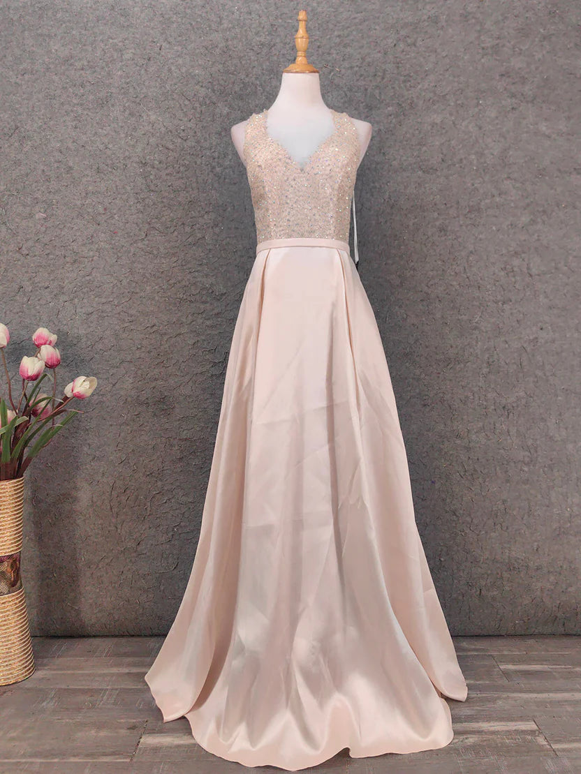 Blush Pink Satin A-Line V-Neck Keyhole Back Beaded Bodice Floor Length Prom Dress