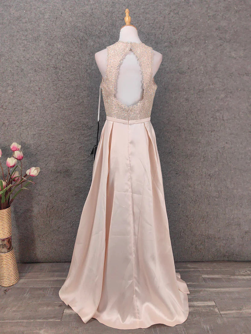 Blush Pink Satin A-Line V-Neck Keyhole Back Beaded Bodice Floor Length Prom Dress