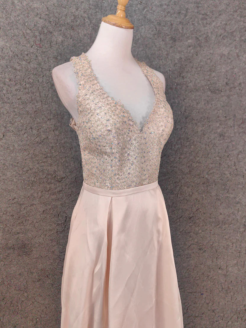 Blush Pink Satin A-Line V-Neck Keyhole Back Beaded Bodice Floor Length Prom Dress