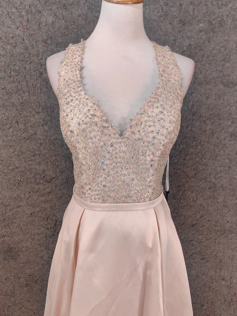 Blush Pink Satin A-Line V-Neck Keyhole Back Beaded Bodice Floor Length Prom Dress