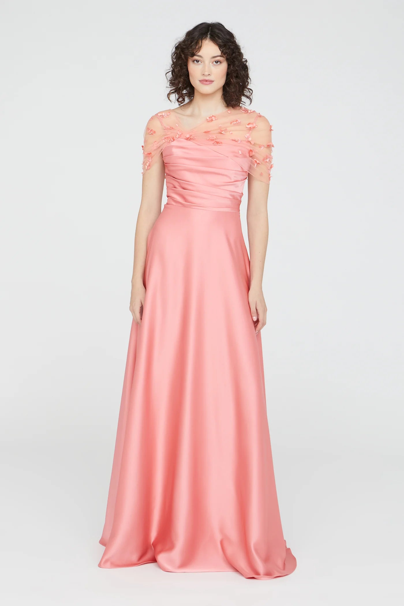 Blush Pink Satin A Line Illusion Tulle Short Sleeve 3D Floral Floor Length Formal Evening Prom Dress