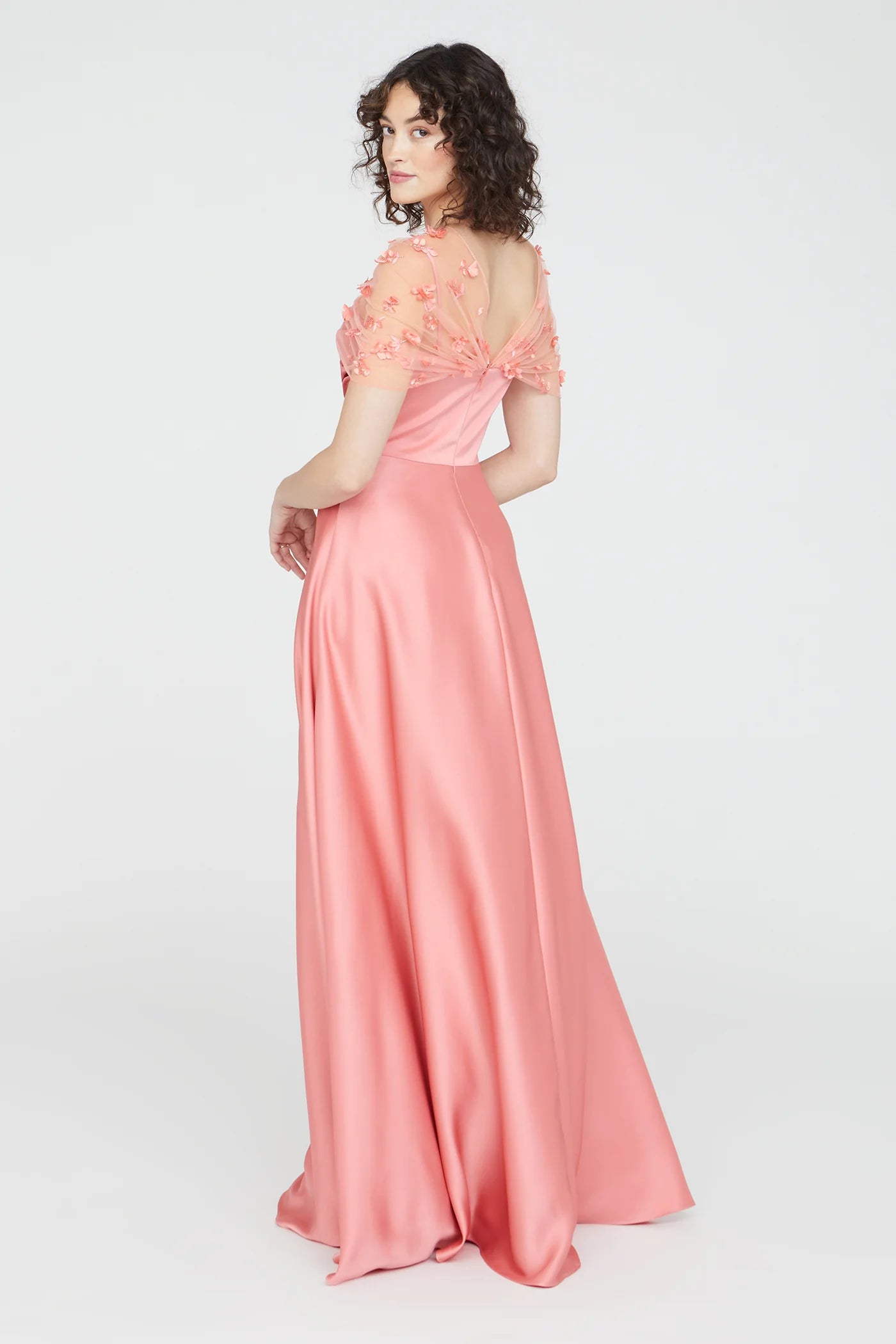 Blush Pink Satin A Line Illusion Tulle Short Sleeve 3D Floral Floor Length Formal Evening Prom Dress