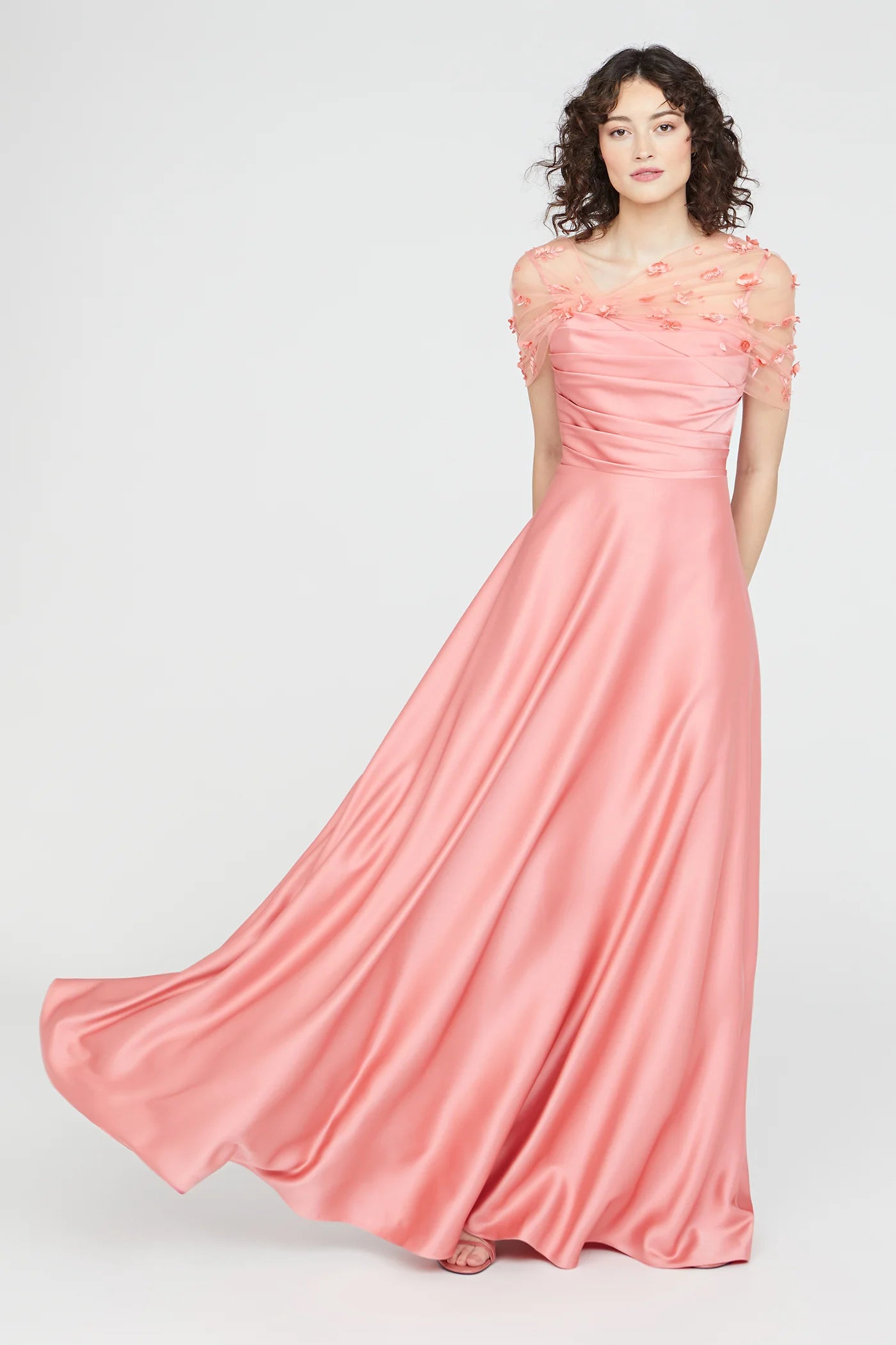 Blush Pink Satin A Line Illusion Tulle Short Sleeve 3D Floral Floor Length Formal Evening Prom Dress
