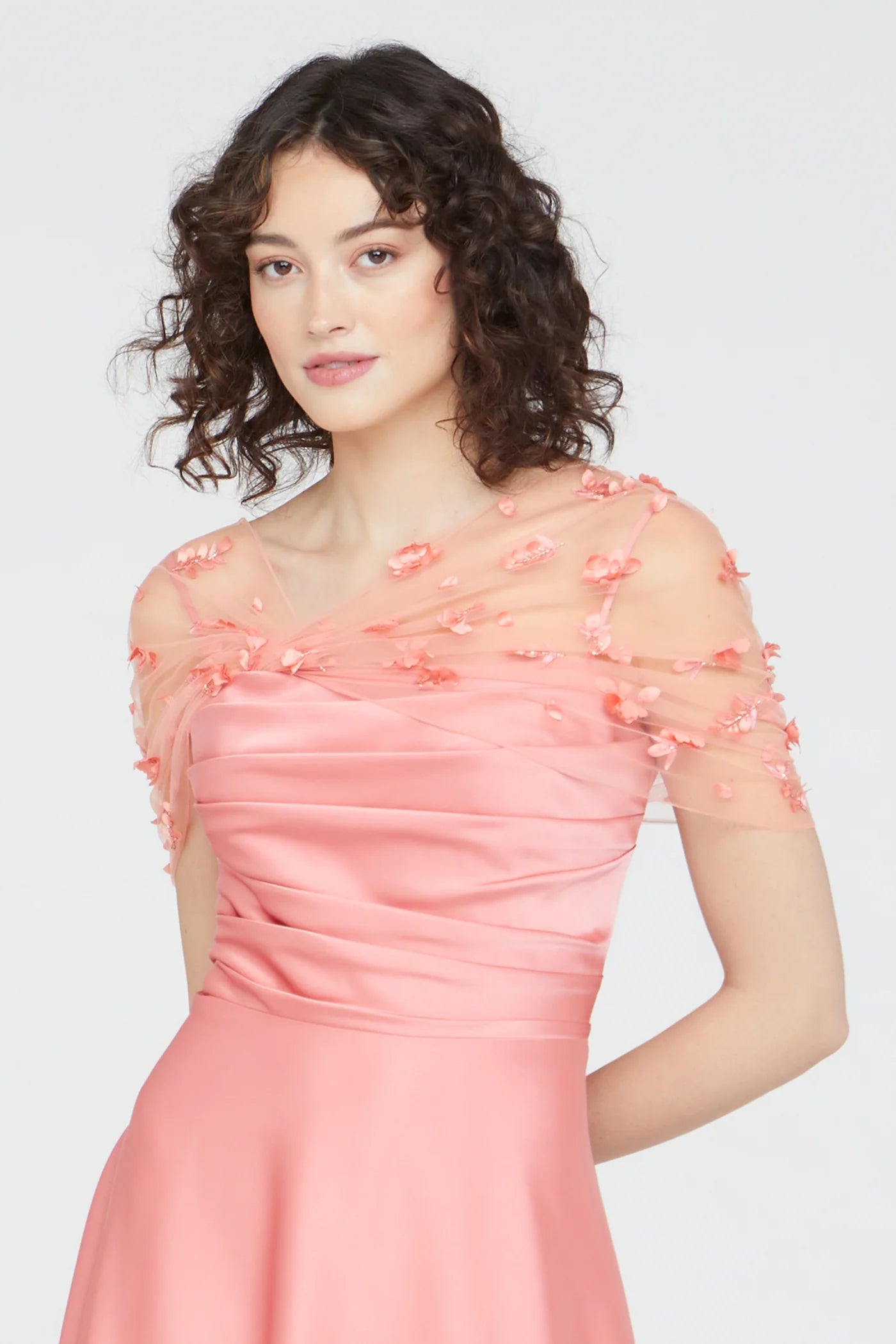Blush Pink Satin A Line Illusion Tulle Short Sleeve 3D Floral Floor Length Formal Evening Prom Dress