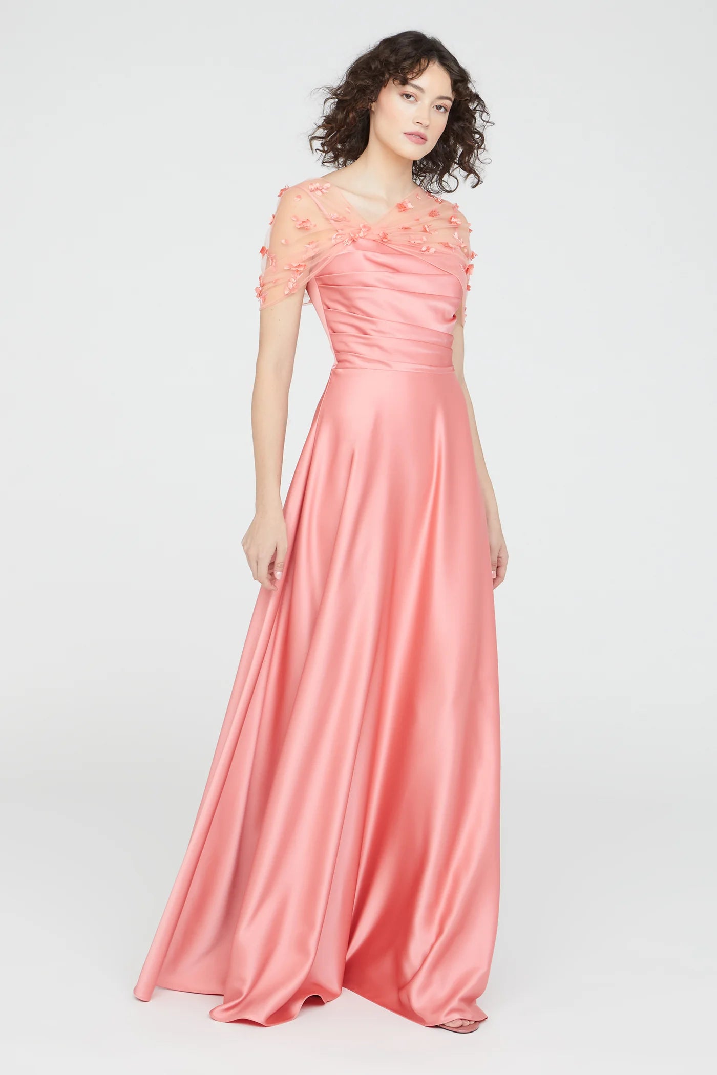 Blush Pink Satin A Line Illusion Tulle Short Sleeve 3D Floral Floor Length Formal Evening Prom Dress