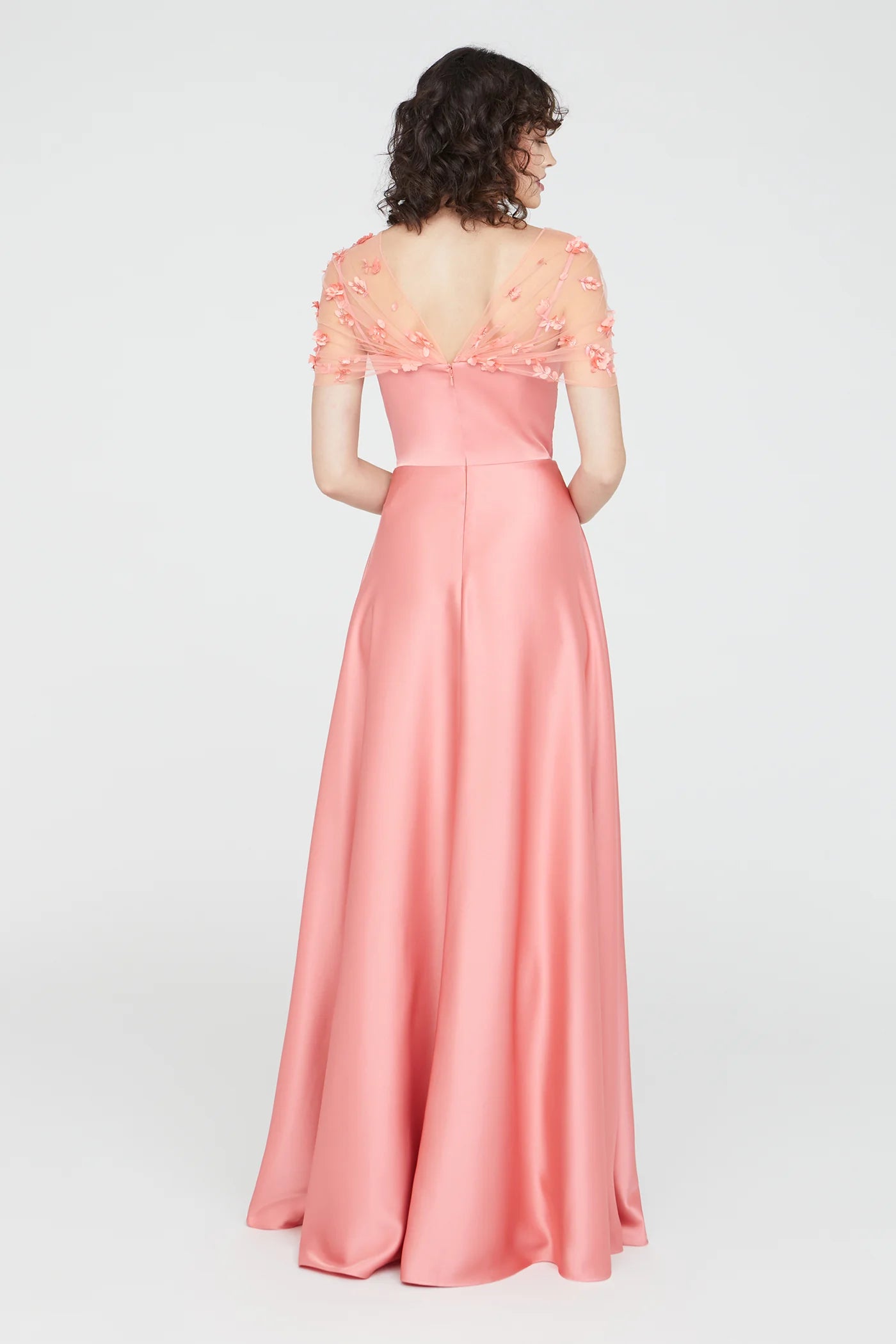 Blush Pink Satin A Line Illusion Tulle Short Sleeve 3D Floral Floor Length Formal Evening Prom Dress