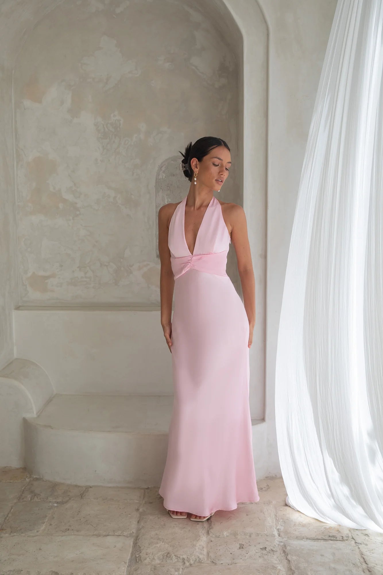 Blush Pink Satin Halter Neck Ruched Waist Open Back Maxi Evening Dress