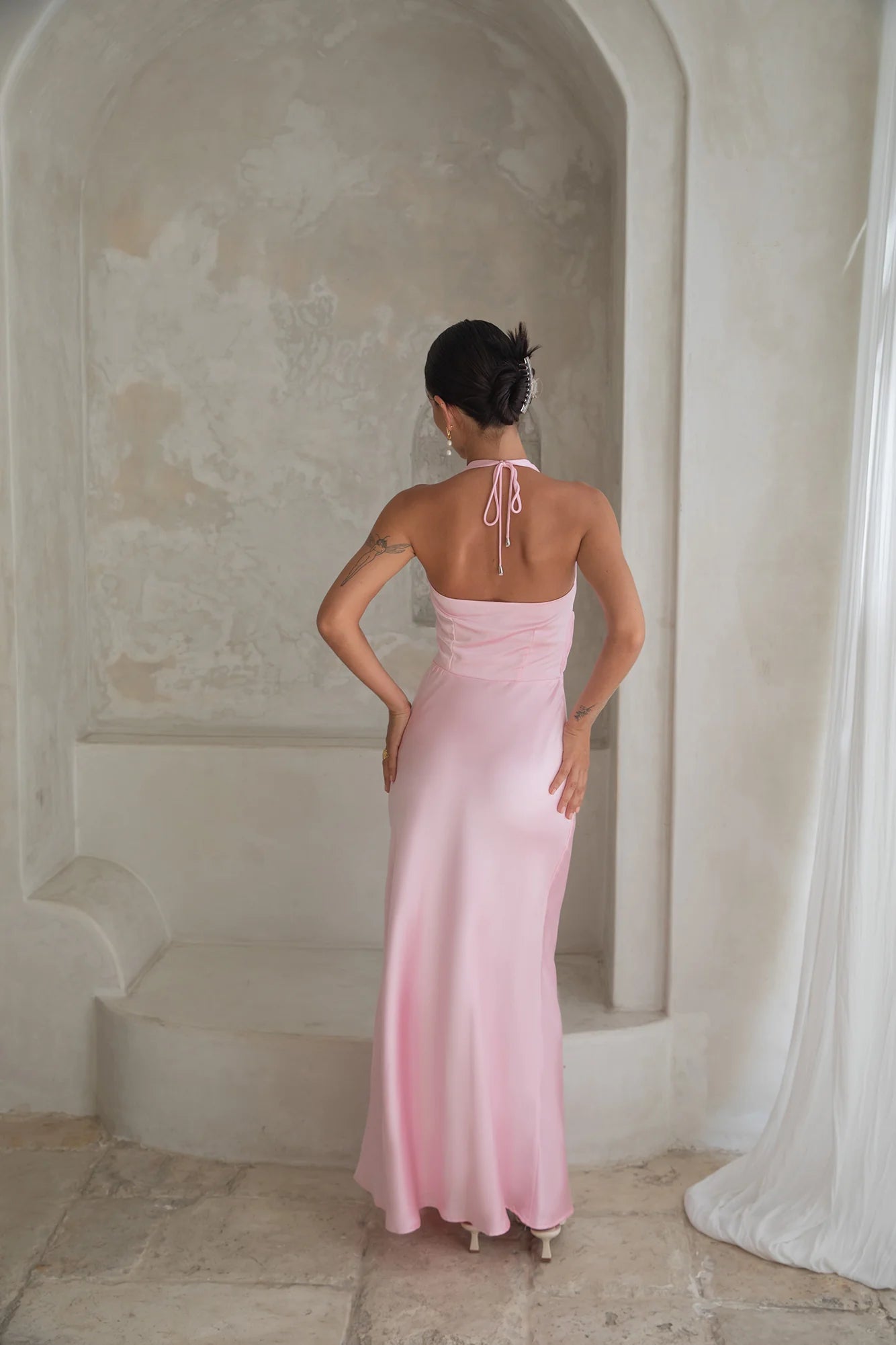 Blush Pink Satin Halter Neck Ruched Waist Open Back Maxi Evening Dress
