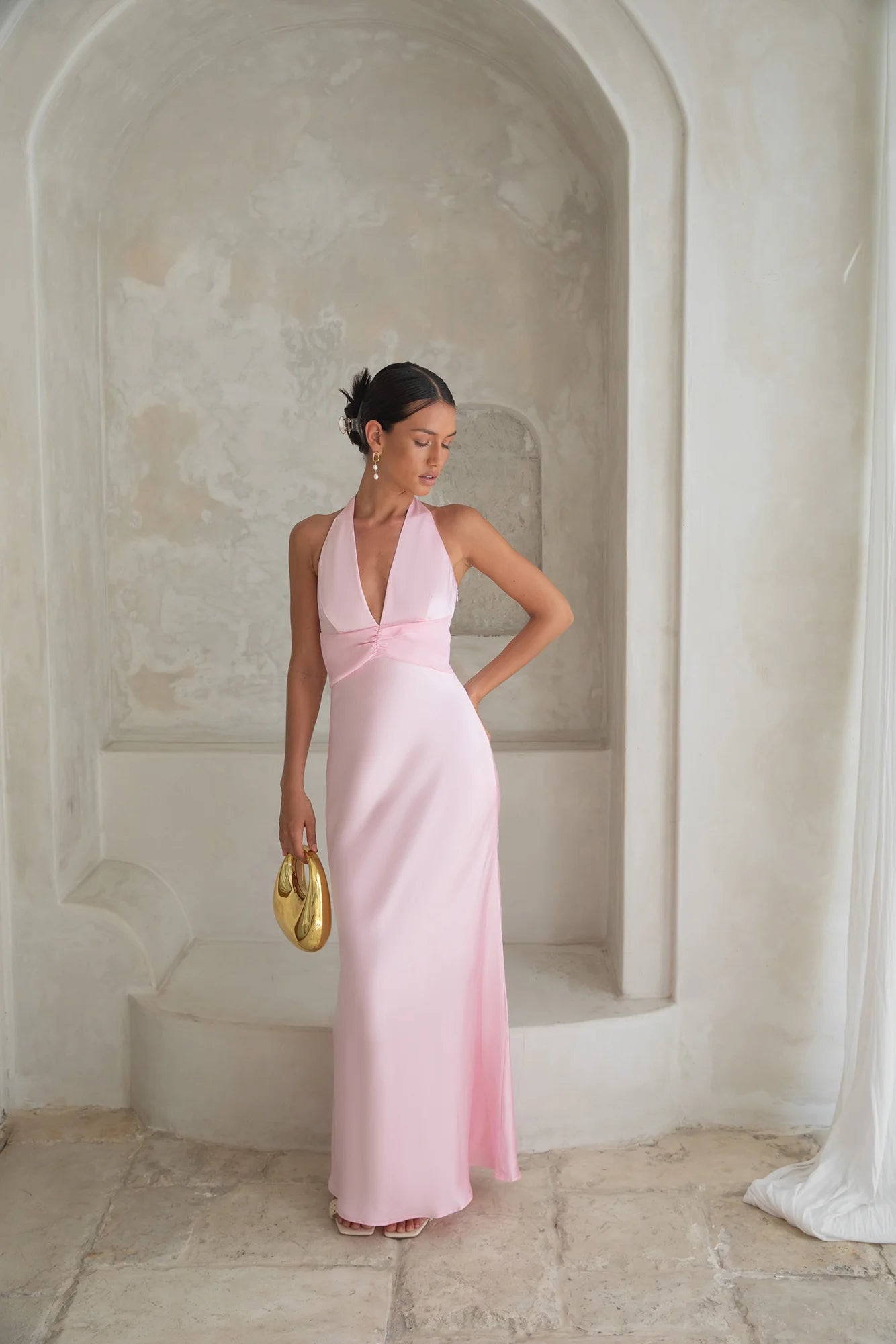 Blush Pink Satin Halter Neck Ruched Waist Open Back Maxi Evening Dress