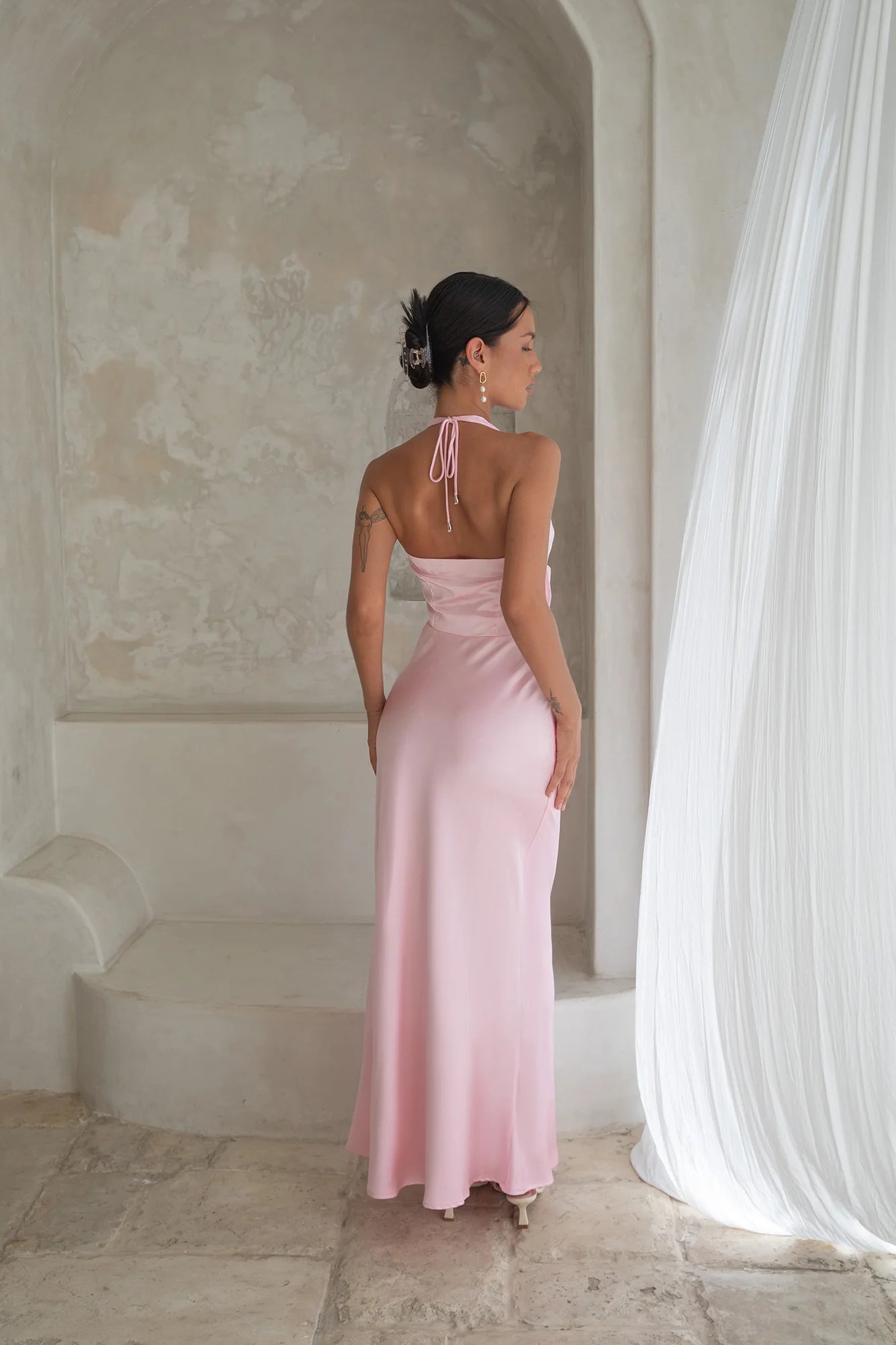 Blush Pink Satin Halter Neck Ruched Waist Open Back Maxi Evening Dress