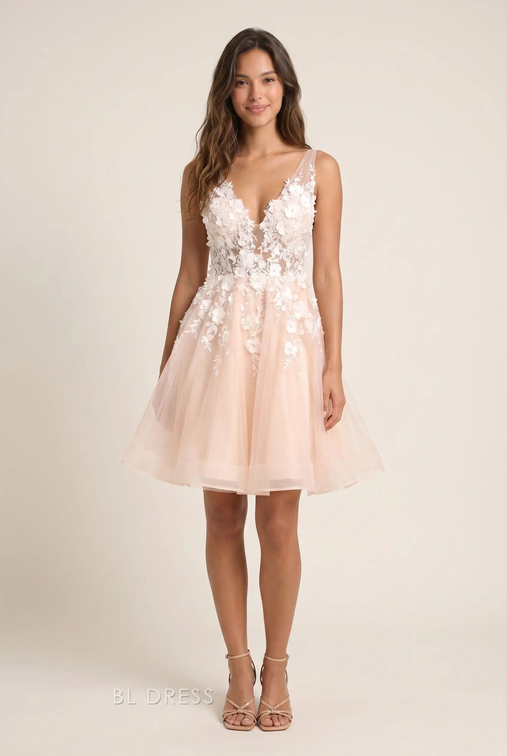 Blush Pink Sleeveless Deep V Neck Wide Strap 3D Floral Lace Applique Open Back Illusion Mesh Tulle A Line Mini Homecoming Dress