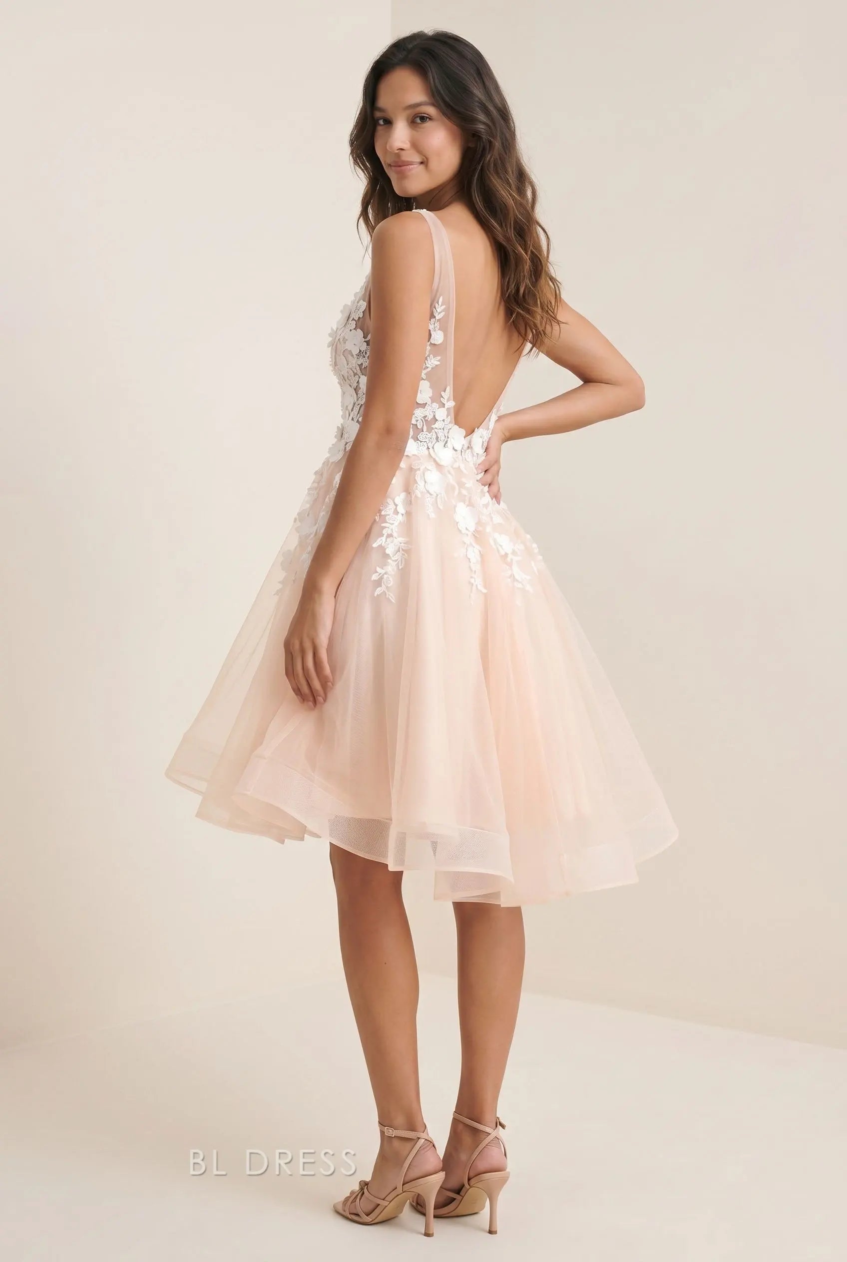 Blush Pink Sleeveless Deep V Neck Wide Strap 3D Floral Lace Applique Open Back Illusion Mesh Tulle A Line Mini Homecoming Dress